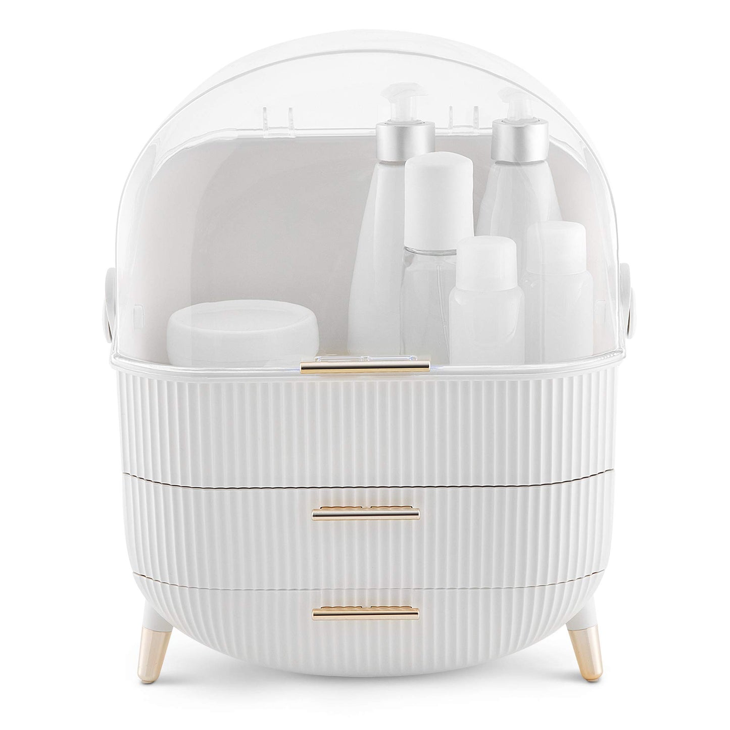 Navaris Makeup Organizer Storage Box - Cosmetics, Skincare and Beauty Case with Clear Lid Display and 2 Drawers - Bathroom Counter or Vanity - White