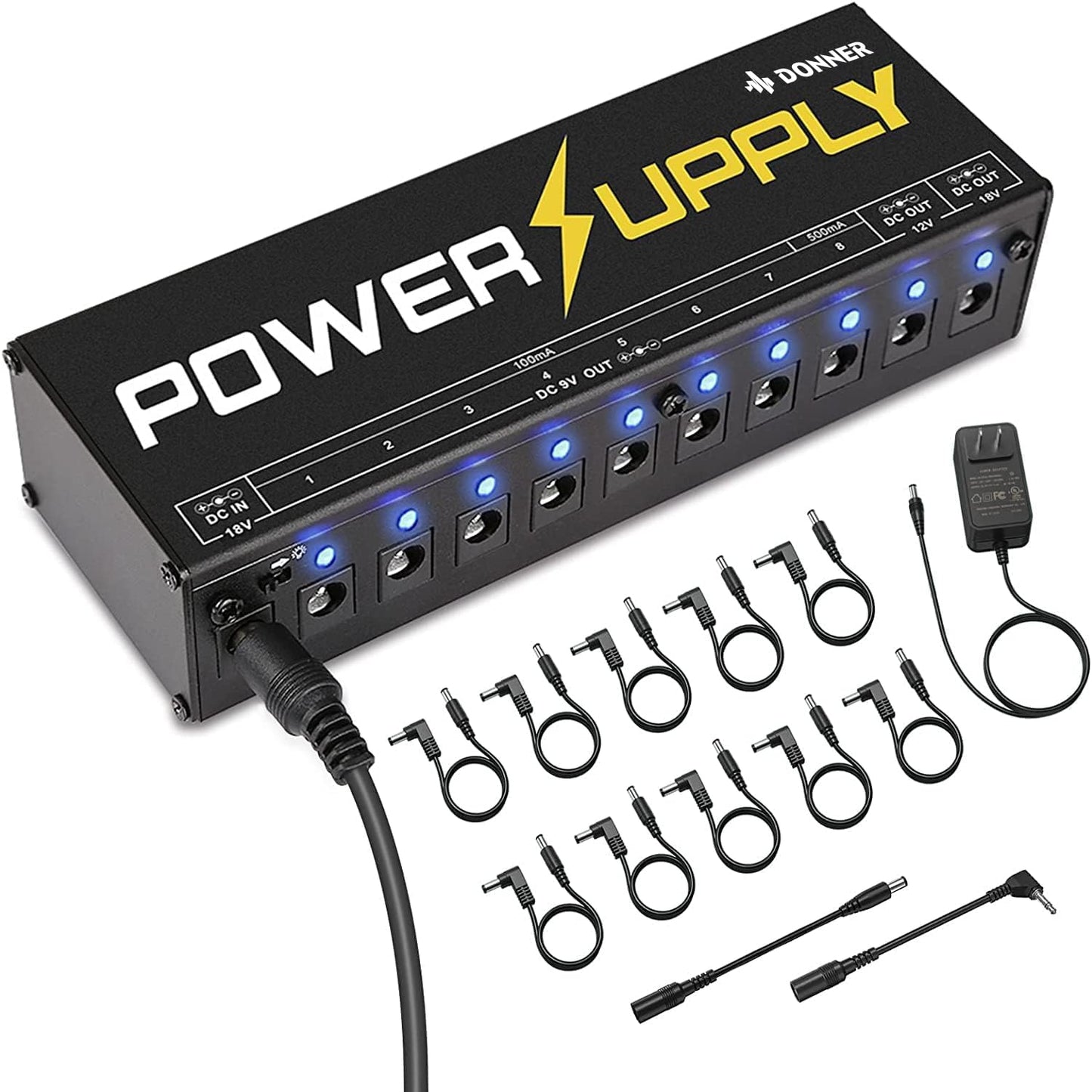 Donner DP-1 Effect Pedal Power Supply 10 Isolated DC Output for 9V/12V/18V Pedal With Blue LED Indicator