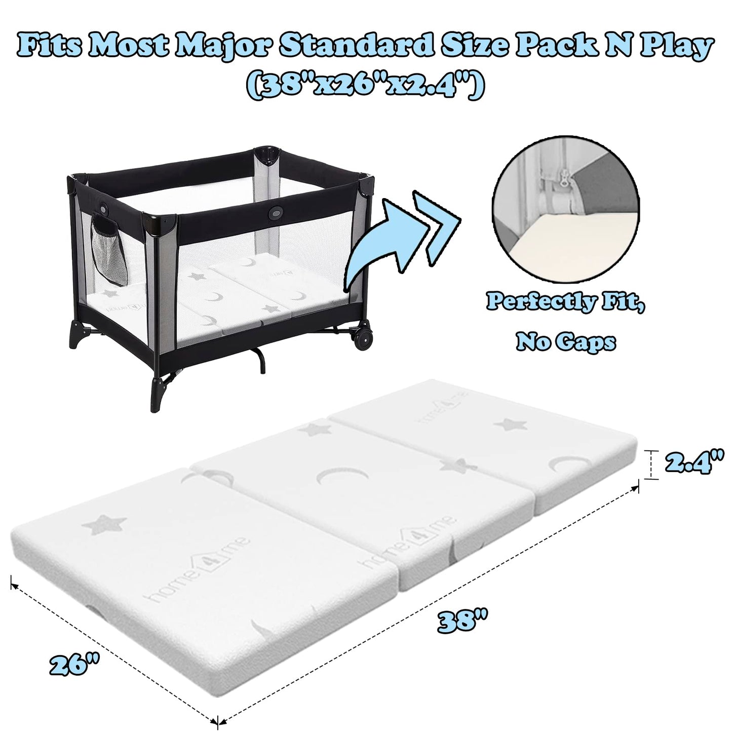 Home4me Pack and Play Mattress, 38" x 26" x 2.4", Portable, Trifold, Waterproof, Dual Sided (Firm & Soft) Mini Crib Mattress, Toddler Memory Foam Mattress Pad for Play Pen