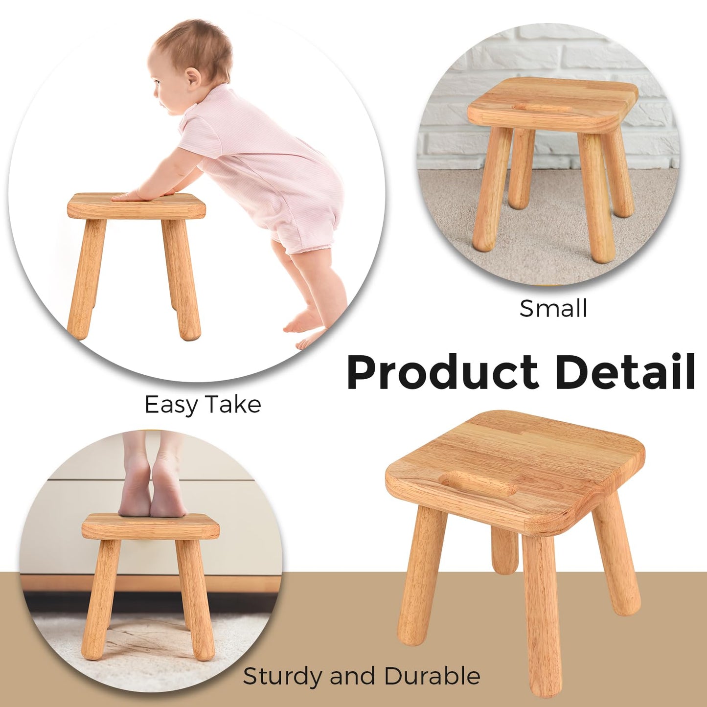 SEEMINES Small Wooden Step Stool,100% Solid Wood Stool with Non-Slip,300lb Load-Bearing Square Step Stool for Bathroom Kitchen Bedroom Living Room Plant Stools (Natural Wood Color)