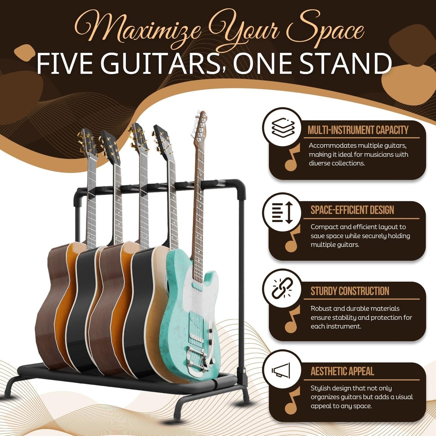 Flexzion 5 Guitar Stand Rack - Metal Construction Multi Guitar Rack & Guitar Organizer, Foldable 5 Guitar Holder Stand with Padded Foam Tubing for Electric, Acoustic, Classical Guitars & Basses