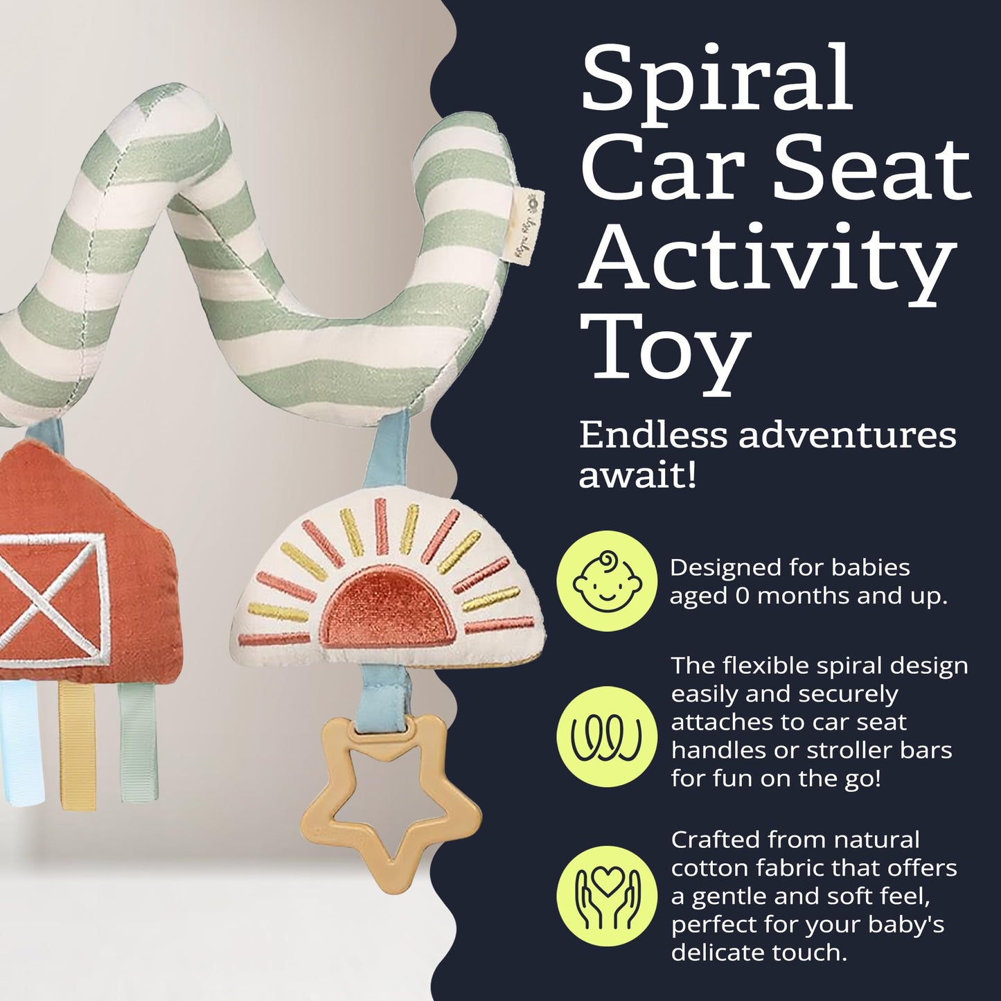 Itzy Ritzy Spiral Car Seat & Stroller Activity Toy; Includes Dangling Ring, Mirror and Textured Ribbons; Farm