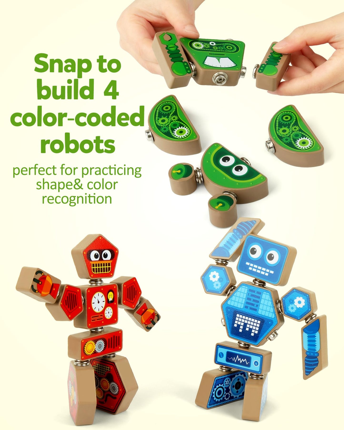 Coogam Take-Apart Robot Blocks Playset, Wooden Snap-Together STEM Building Toy, Fine Motor Construction Builder, Color Shape Educational Learning Toy Gift for Boys Girls 3 4 5 Year Old