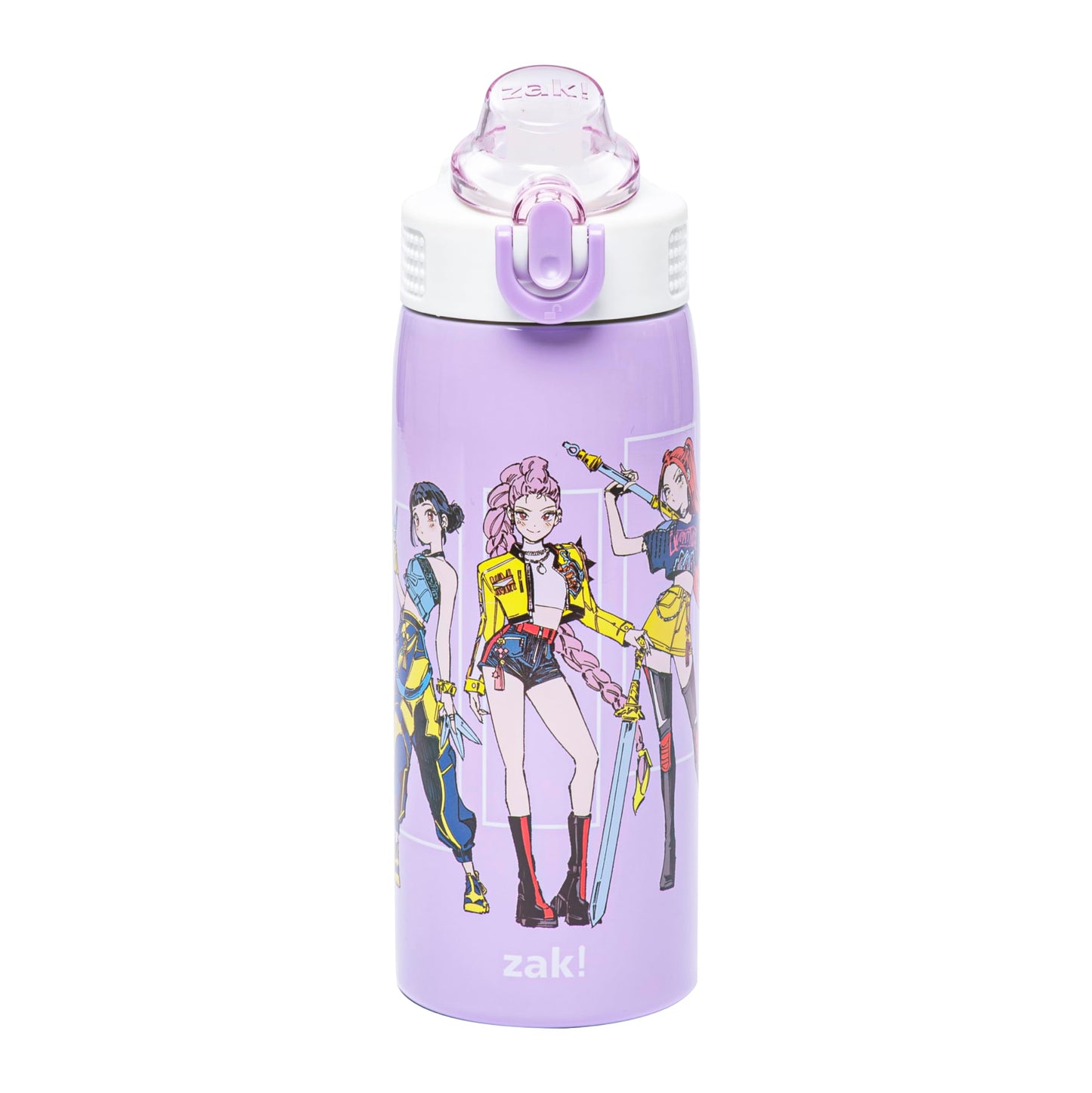 Zak Designs Kpop Demon Hunters Sage Kids Water Bottle for School or Travel, 19oz Stainless Steel Water Bottle with Straw, Handle, and Leak-Proof, Pop-Up Spout Cover (Rumi, Mira, Zoey)