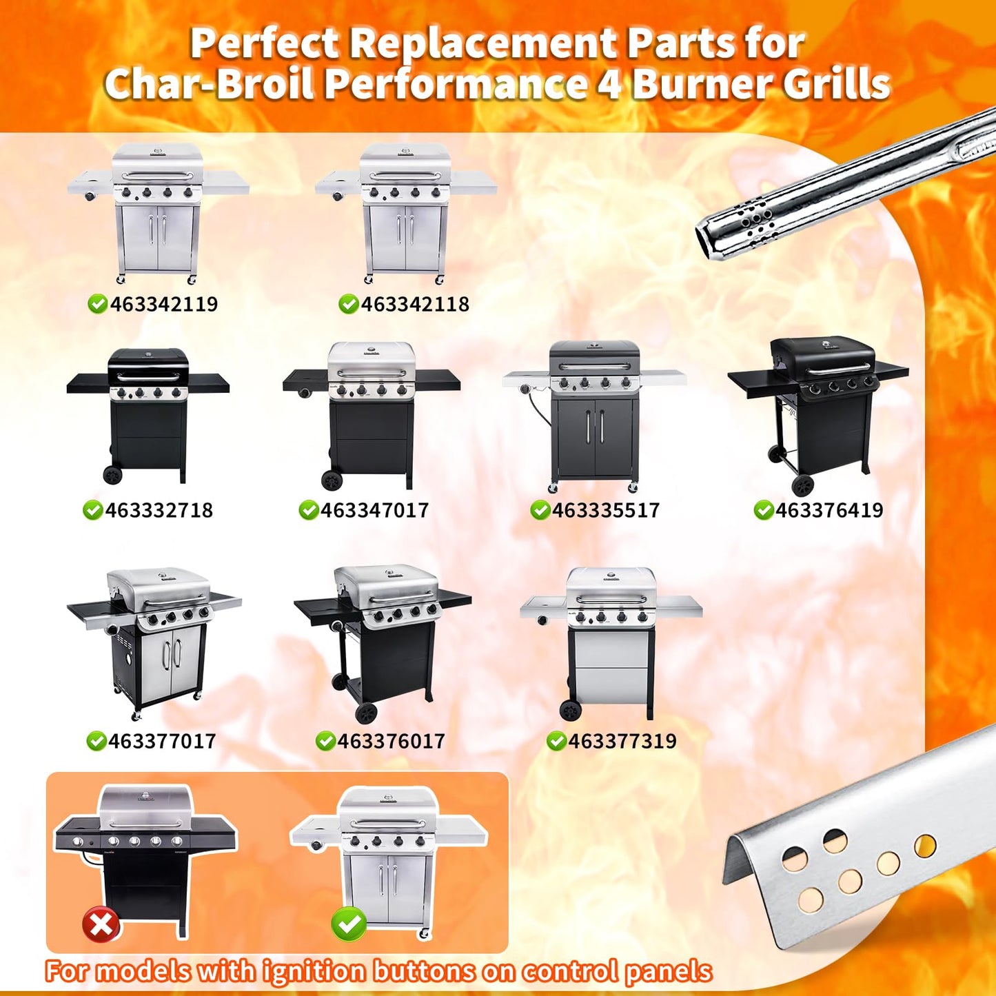 Hisencn Grill Kits for Charbroil Performance 475 4 Burner,Grill Heat Plate, Burner, Crossover Tube for Charbroil 463347017, 463361017, 463673017, 463376217, 463342119, 463376018P2, G470-0004-w1 Grill