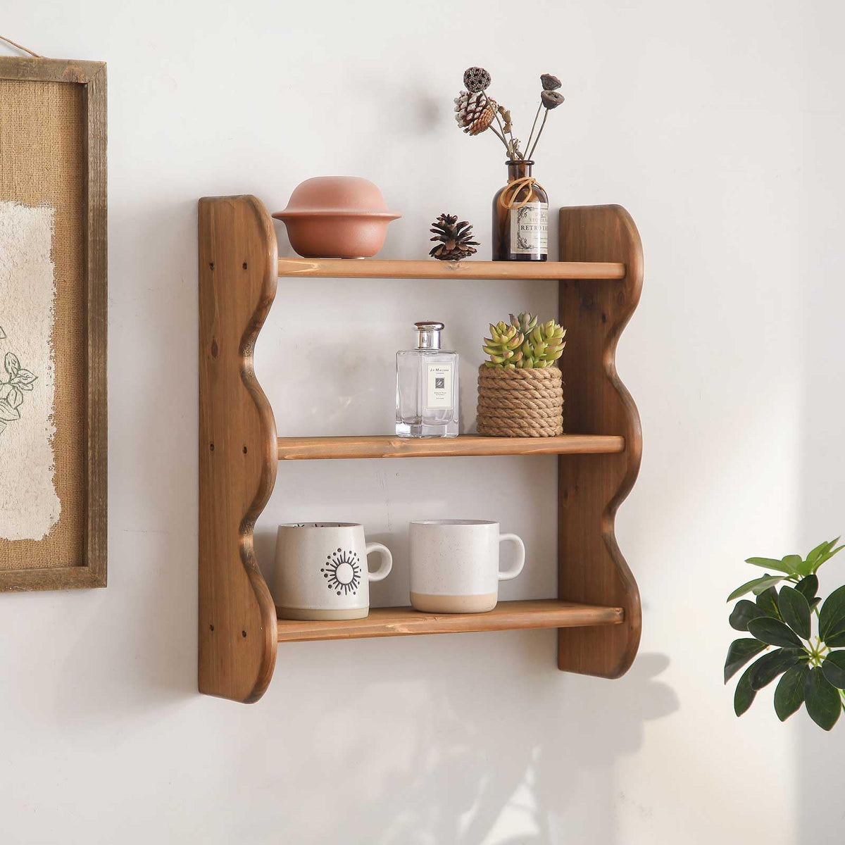 HuiDao 3-Tier Solid Wood Wall Shelf, Rustic Floating Shelves Wall Mounted Storage Rack, Hanging Shelf Display Shelves for Apartment, Living Room and Bedroom