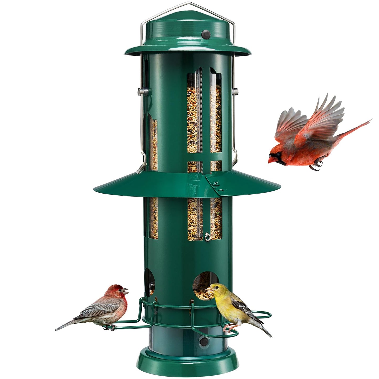 Kingsyard Squirrel Proof Bird Feeder with Removable Base, All Metal, Tube Bird Feeders for Outdoors Hanging, Easy to Clean & Refill, Dark Green