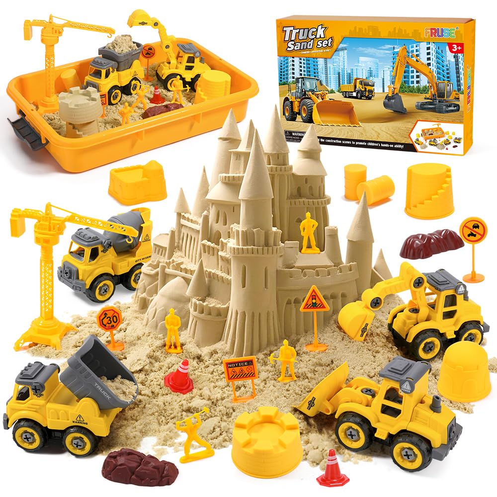 FRUSE Play Construction Sand Kit,Sand Box Toys Set w/1 KG Play Sand,4 Take Apart Construction Trucks,4 Castle Molds,Sandbox with Lid,Sensory Toys for Kisd Boys Girls Age 3-8