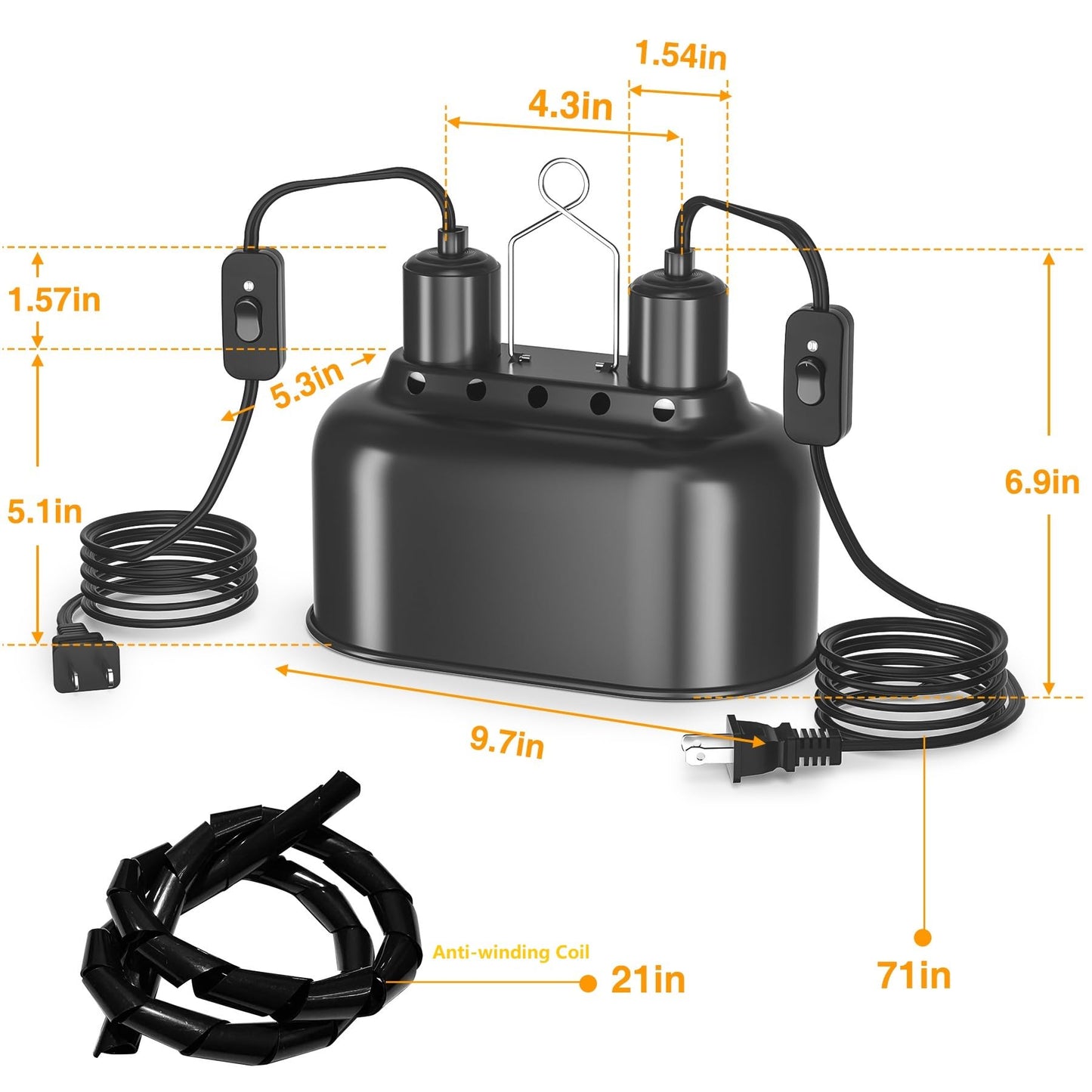 AOKSURE Dual Reptile Light Fixture with Switches, Reptile Heat Lamp Fixture, Reptiles Terrarium UVB Bulb Fixture for Bearded Dragon, Max 100W Each