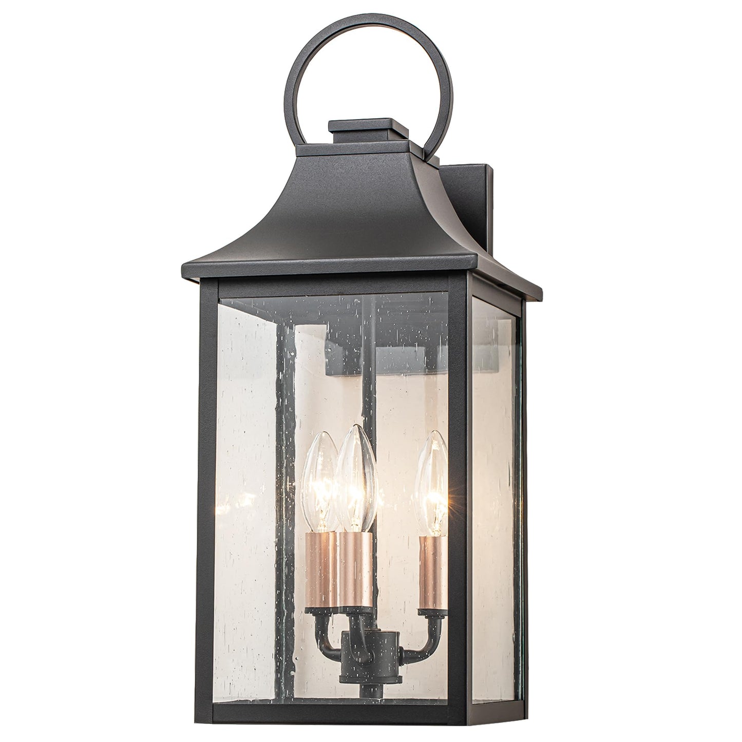 OUPAVOCS Outdoor Wall Lights Fixture for House, Large Porch Light Wall Mount, 18” Black Exterior Wall Sconce with Rose Gold 3-Light Candelabra Interior, Outside Patio Lighting for Front Porch, Garage