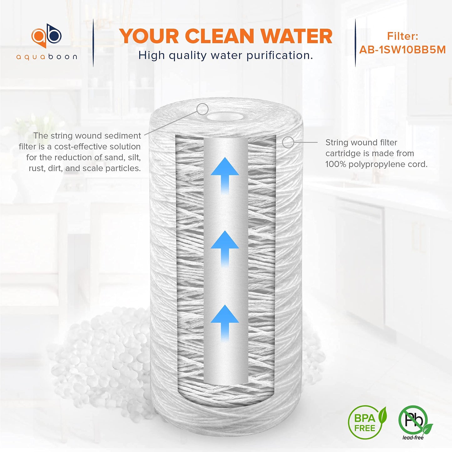 Aquaboon 5 Micron Water Filter 10 x 4.5 inch - String Wound Water Filter for Whole House System - Compatible with 84637, WPX5BB97P, PC10, 355214-45, 355215-45, WP10BB97P, WP5BB97P 2 Pack
