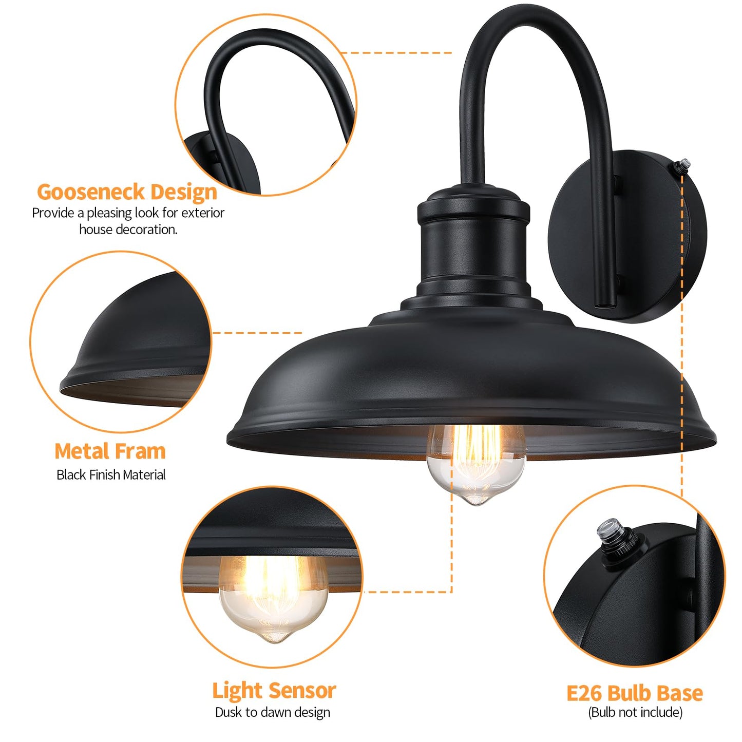 MYHXQ 12'' Dusk to Dawn Outdoor Gooseneck Barn Light, 2-Pack Outdoor Wall Sconce Farmhouse Exterior Light Wall Lighting Fixture Industrial Black Wall Lantern for Porch, Entryway, Garage, Black