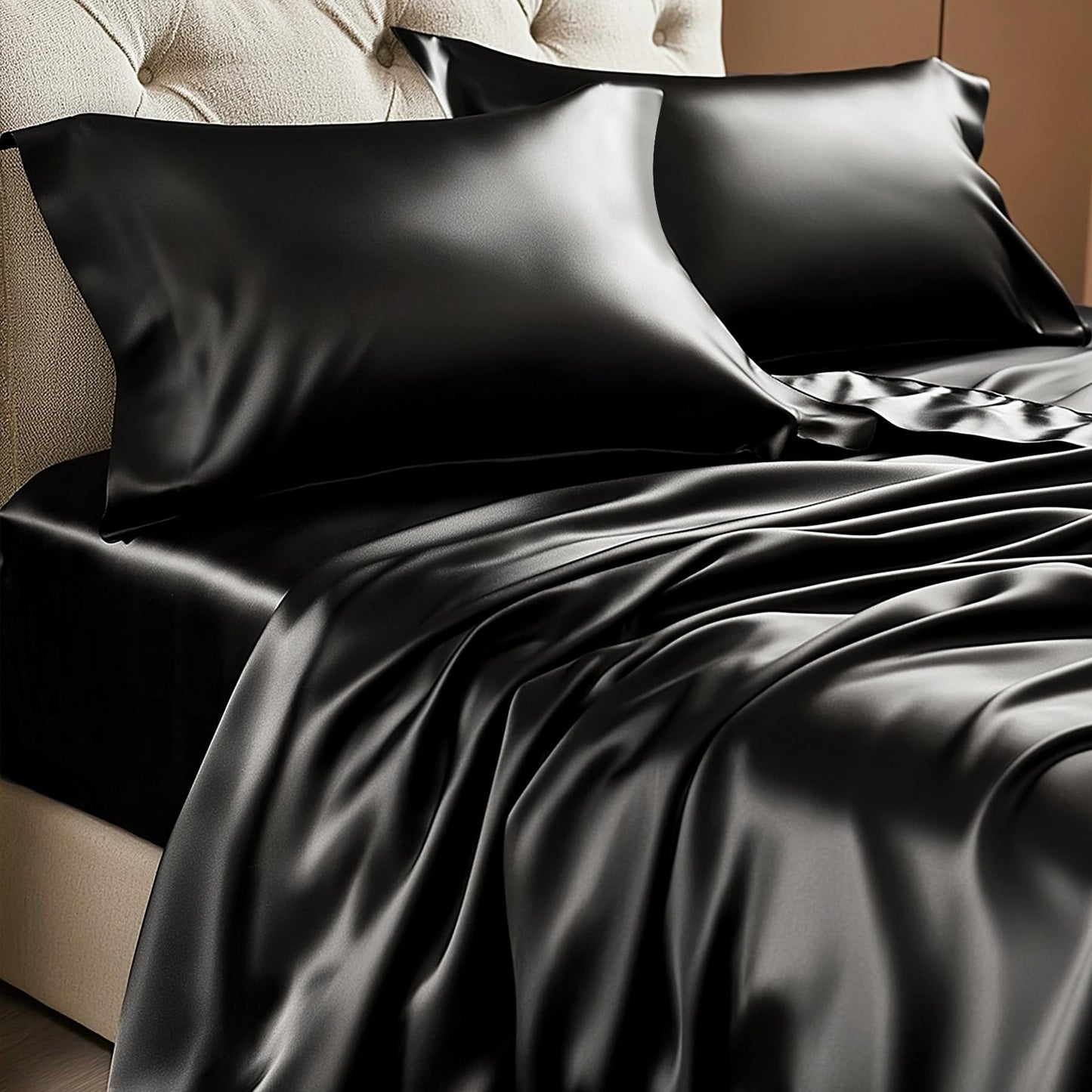 BEDELITE Satin Sheets Queen Size Bed Set, Luxury Soft Black Silk Sheets for Hair and Skin, Similar to Silk Bed Sheets Set 4 Pieces with 1 Deep Pocket Fitted Sheet, 1 Flat Sheet, and 2 Pillowcases