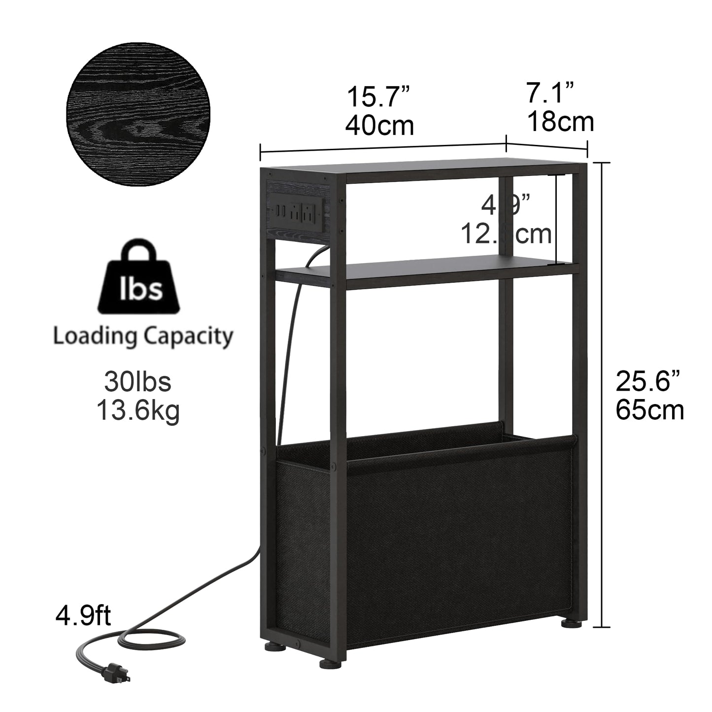 Leomonio Narrow Side Table, Slim End Tables with Fabric Basket, Skinny Table for Small Spaces, Thin Bedside Table for Living Room, Bedroom (1, Black - Outlet)