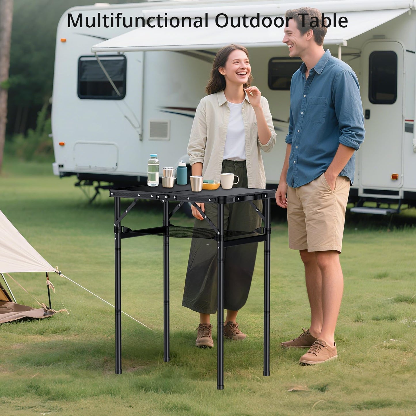 Anbte 2ft Small Folding Table Max 29.5" with Storage Net, 3 Adjustable Height Sturdy Aluminum Camping Table with Portable Handle, Lightweight, for Travel Outdoor Beach Picnic, 23.2" x 16", Pure Black