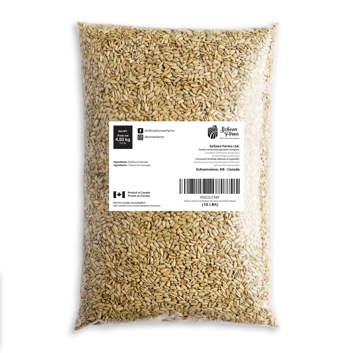Schoen Farms Sunflower Kernels & Chips – 4.54 kg Bag – Hulled Sunflower Hearts Bird Seed – Mess-Free Feed for Chickadees, Finches & Jays – Canadian Grown