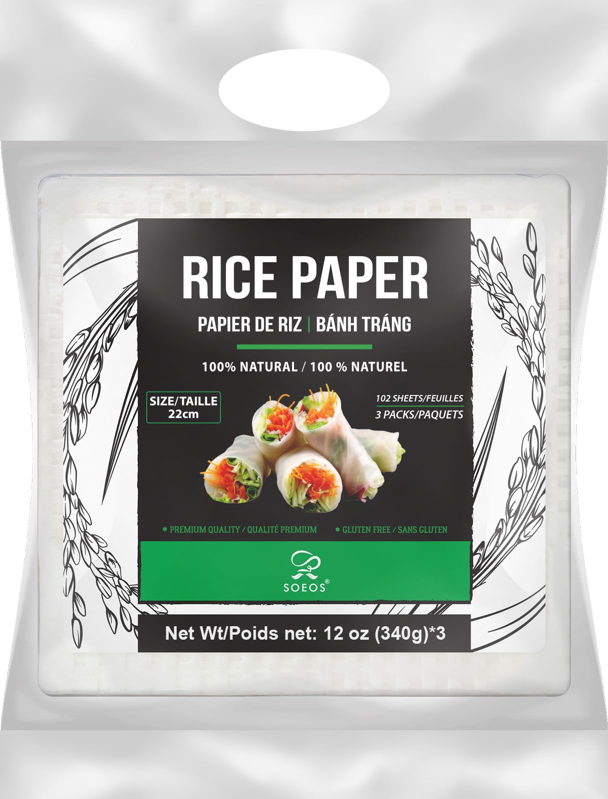 Soeos Rice Paper, White Rice Paper Wrappers, 3 Pack, 102 Sheets-Fresh Spring Roll Wrappers & Dumplings, Non-GMO, Gluten-Free, Low Carb, Vietnamese Rice Wraps (Square, 22cm)