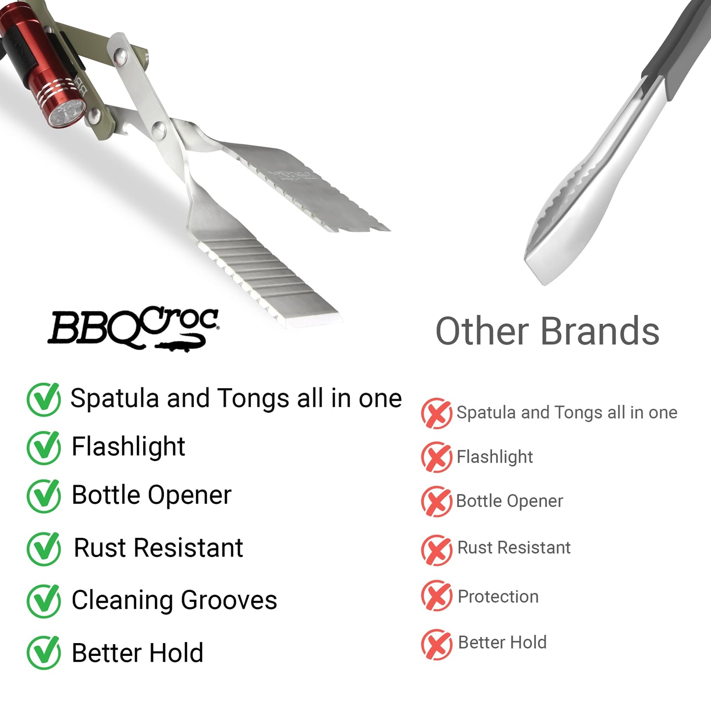 BBQ Croc 3-in-1 Barbecue Tool Pack - 15-inch & 18-inch with Light - Extra Light Tongs, Spatula and Grill Scraper (18 inch + 15 inch with Flashlight)