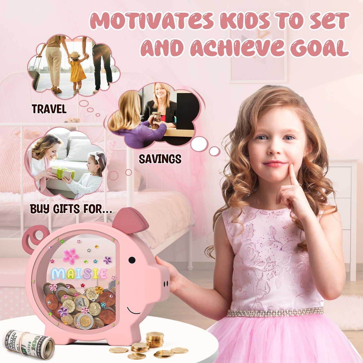 Summidate Wooden Piggy Bank for Girls, Cute Money Bank for Kids Boys, Unbreakable Coin Bank, Creative Saving Money Jar Personalized Gifts for Child Birthday Gift & Decor