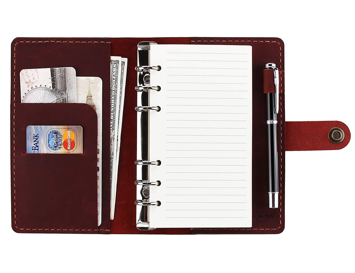 Leather Journal Refillable Writing Notebook, A6 Personal Size 6 Ring Binder Spiral Notebook, Handmade Genuine Leather Refillable Journal Binder Diary, Pocket Binder Traveler Notebook-Wine