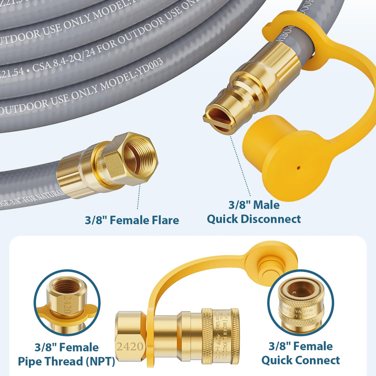 Rushare 36 FT 3/8" ID Natural Gas Hose with Quick Connect Fittings, Low Pressure LPG Hose for Weber, Char-Broil, Pizza Oven, Patio Heater and More