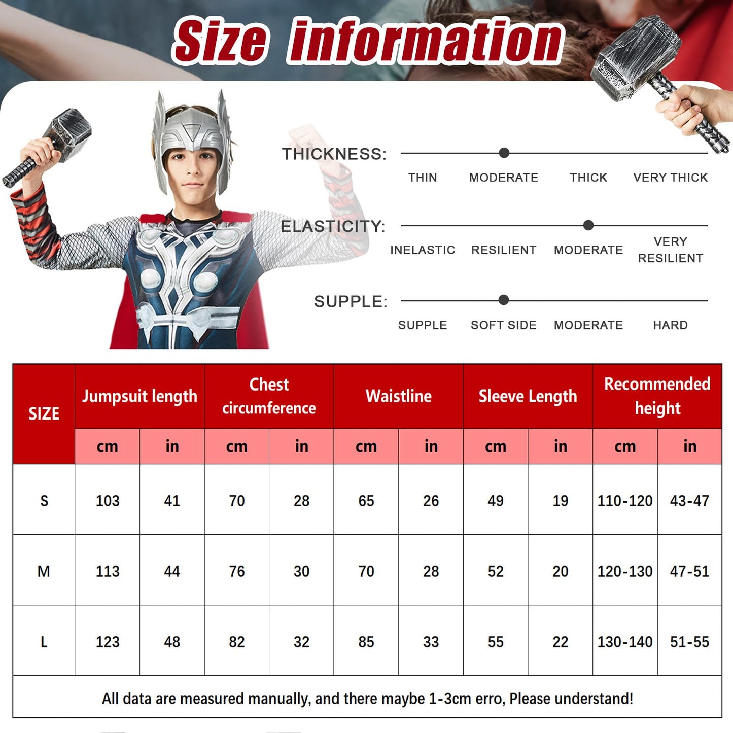 Puppyhao Super Hero Costume Kids Muscle Suit Deluxe 4Pcs SuperHero Mask Jumpsuit Cape Hammer Fun Halloween Cosplay Costume