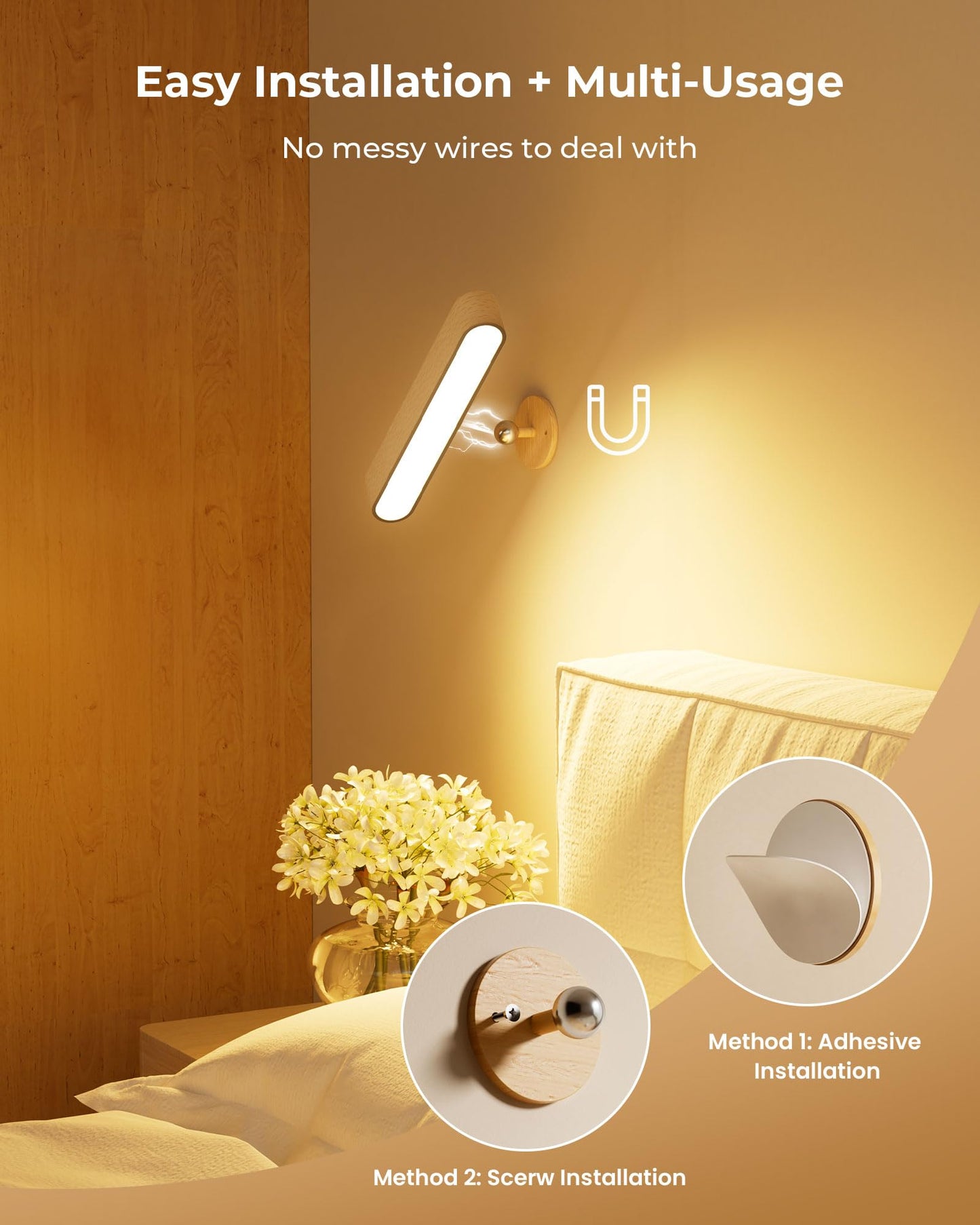 PopoIron Rechargeable 7500mAh LED Wall Sconces for Bedroom,Battery Operated Wall Lights with Remote Control and Touch,360° Magnetic Rotation,3 Colors Dimmable Wood Wall Lamps with 15 RGB Colors,2 Pack