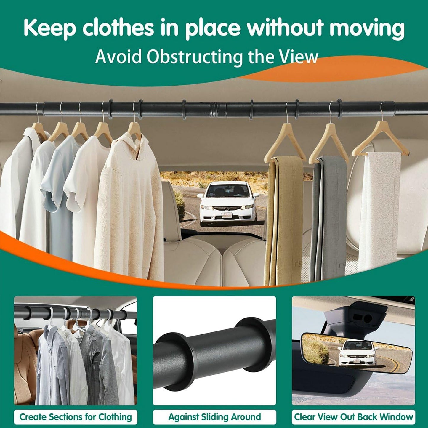 Car Clothes Hanger Bar – Adjustable Telescopic Car Clothes Rack, 30–62 Inches, for Wrinkle-Free Clothes Hanging in Vehicles, Heavy-Duty Non-Slip Car Hanging Rod for Sedans, SUVs, Trucks, Travel