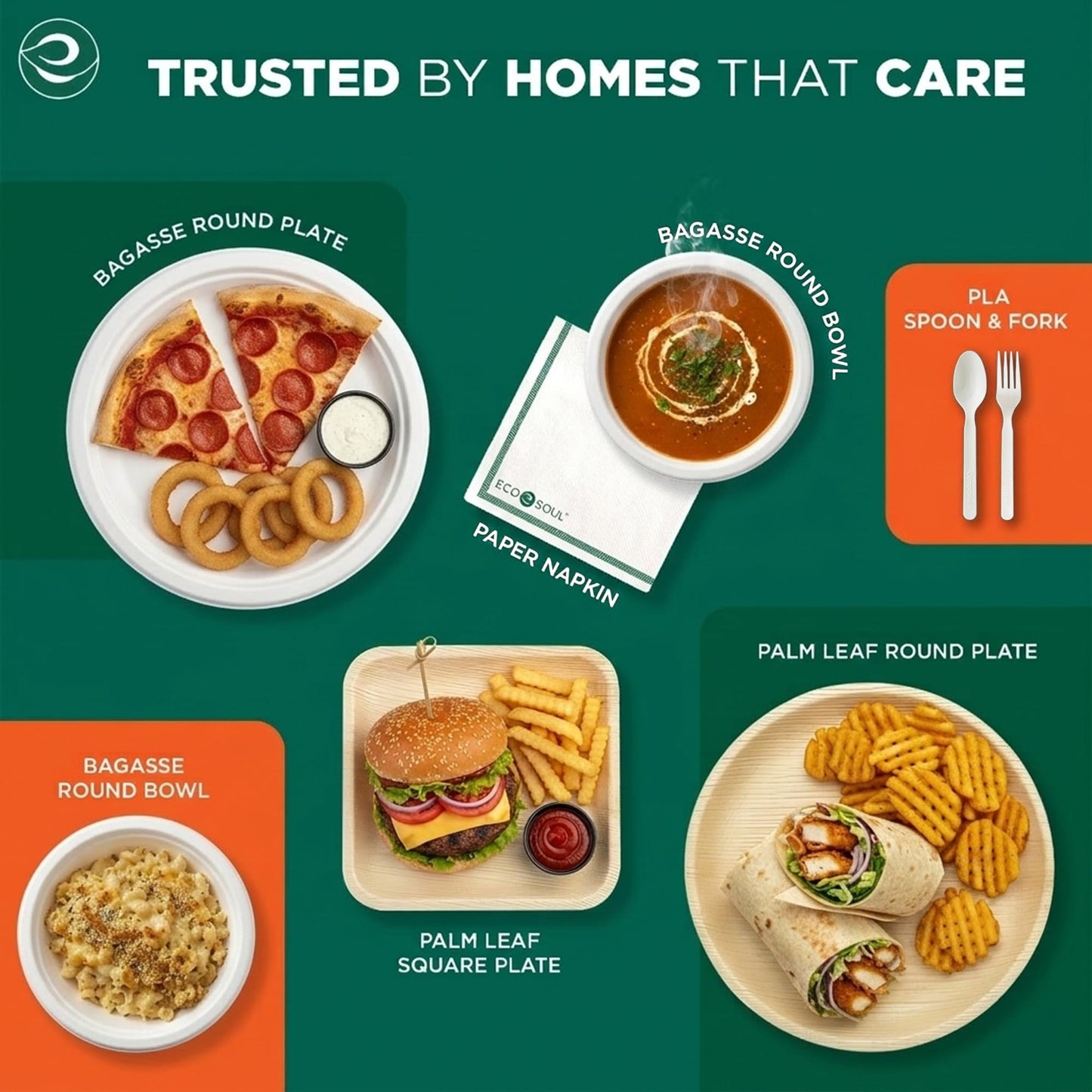 ECO SOUL 8 Inch Compostable Disposable Paper Plates [200 Pack] Food Safe 100% Virgin Bagasse Pulp Heavy Duty Biodegradable Microwave Safe Large Square Dinner Plate for Party, Picnic & BBQ (White)