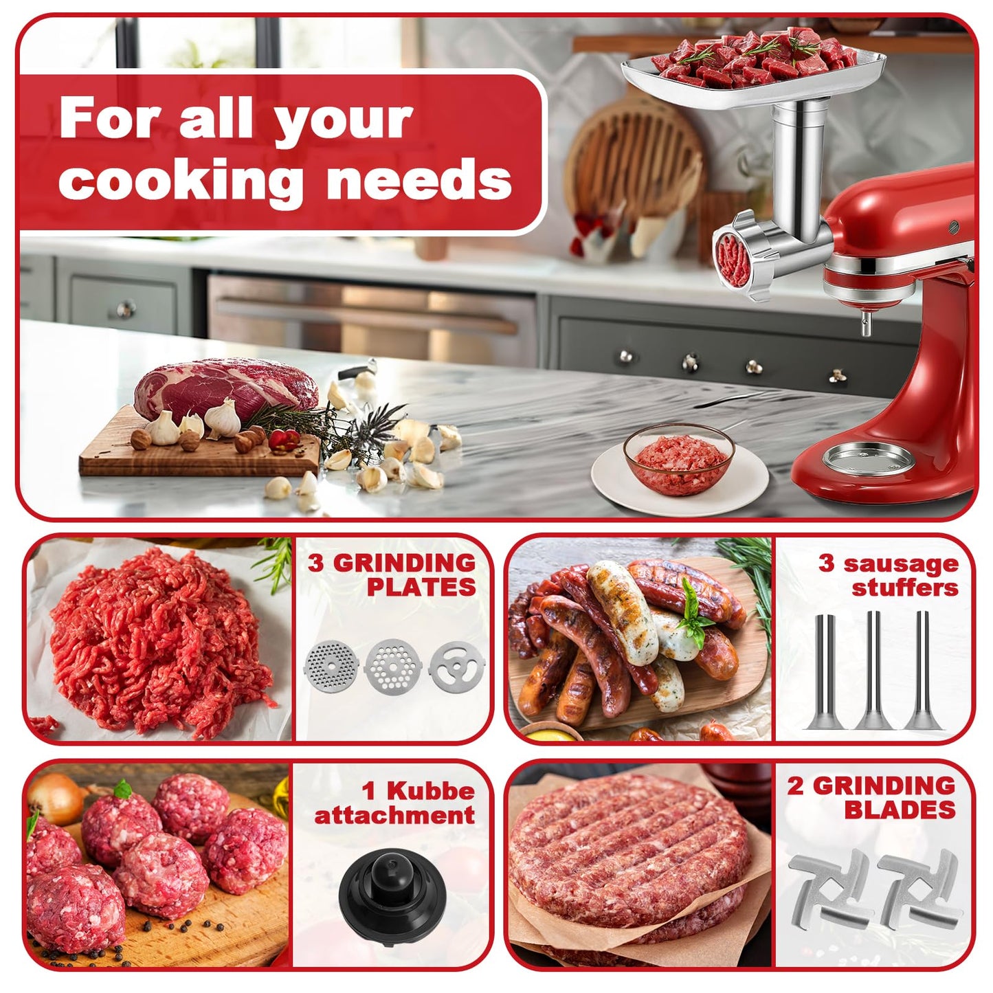 Meat Grinder Attachment for KitchenAid Stand Mixer – Metal Food Grinder with 4 Grinding Plates, 3 Sausage Stuffer Tubes & 2 Blades – Compatible with KitchenAid Mixers (Mixer Not Included)