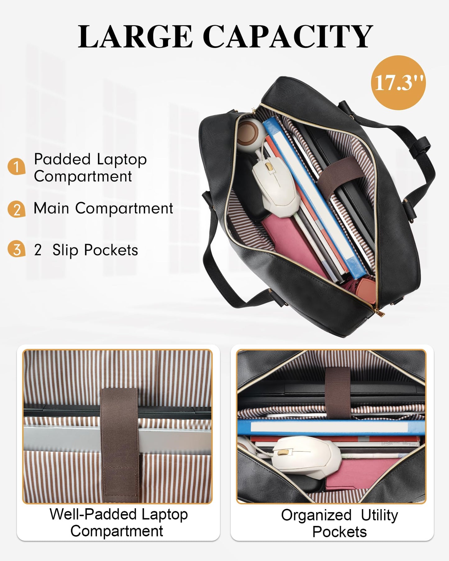 Taygeer 17 Inch Laptop Bags for Women,Large Convertible Quilted Briefcase Backpack with USB Port, Waterproof Leather Work Tote Bags,Shoulder Computer Handbags for Office Business, Black