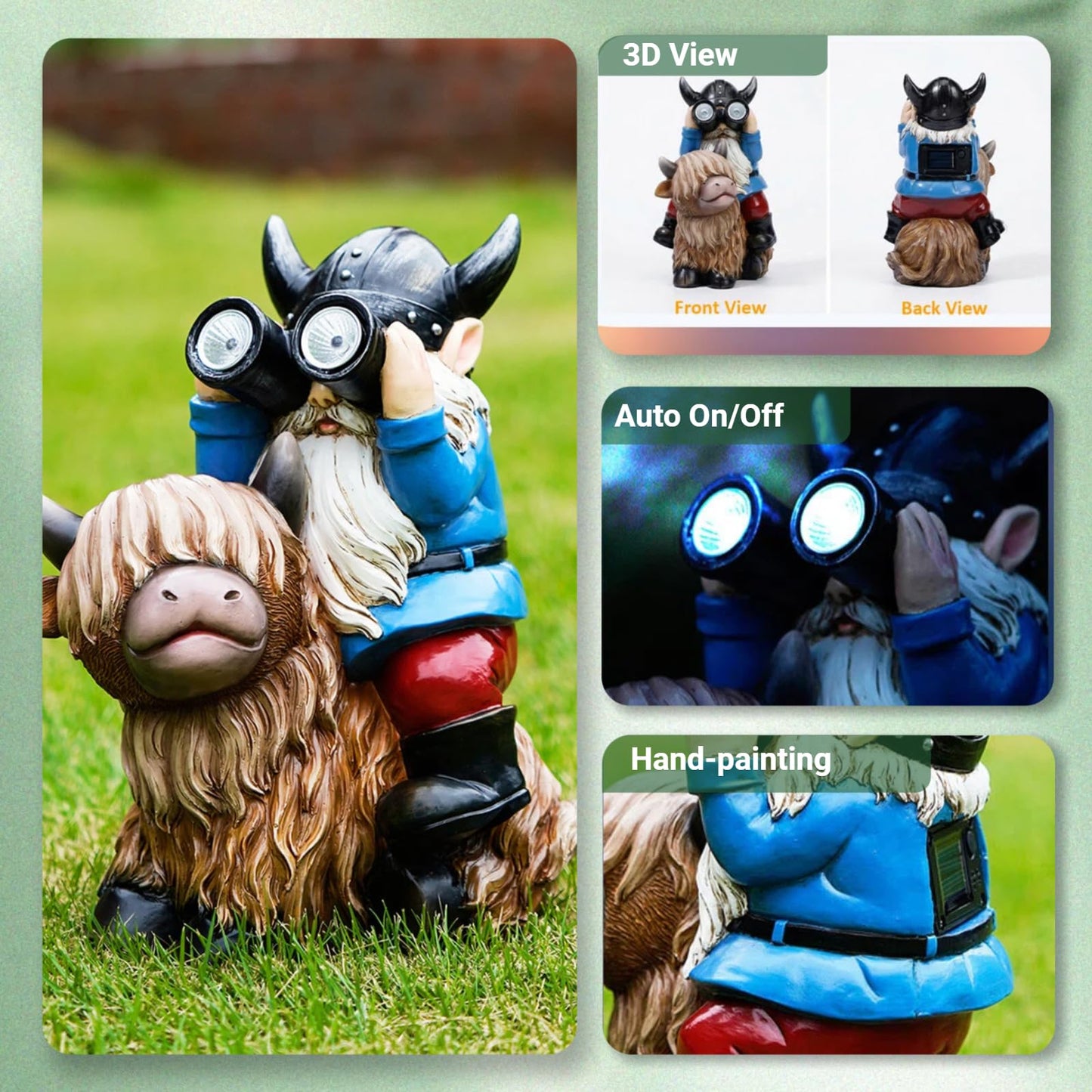 Joint Honglin Garden Gnome Statues Resin Gnome Sitting on Highland Cow Solar LED Lights Outdoor Telescope Gnome Decorations
