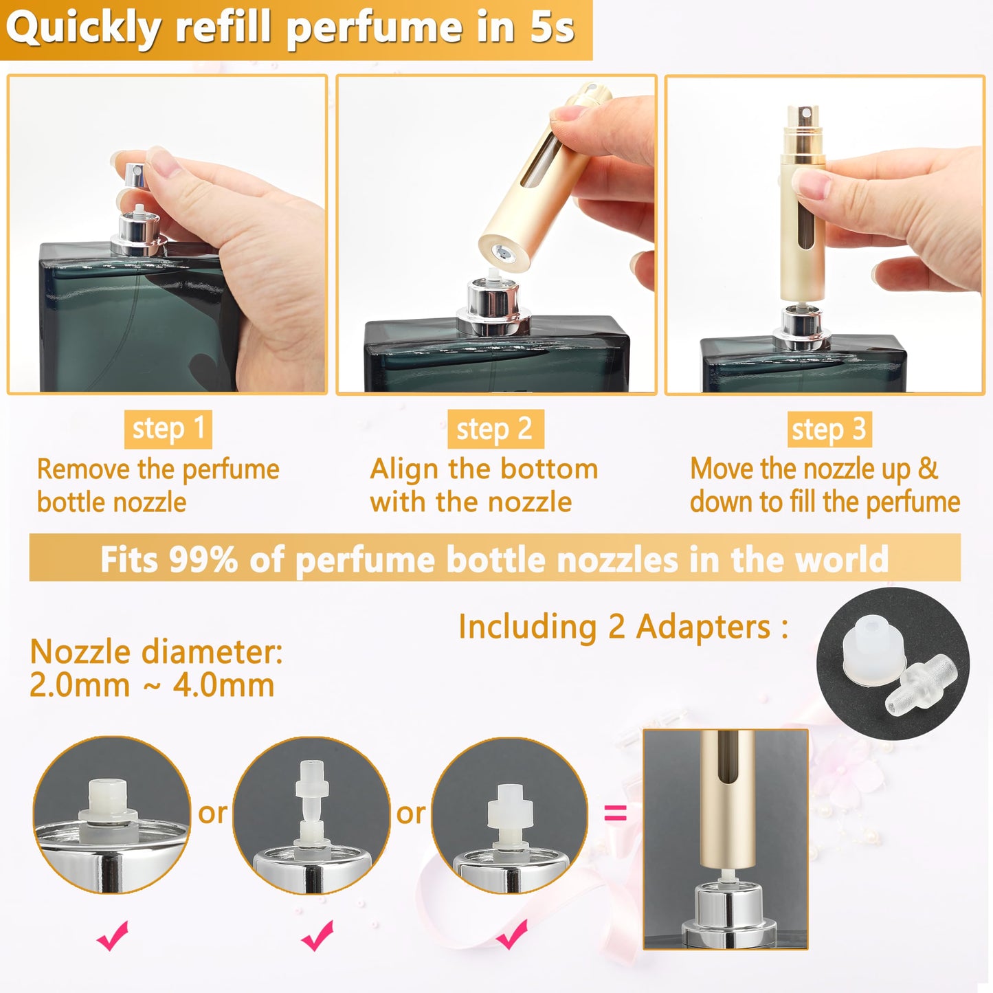 Travel Perfume Refillable Bottle Atomizer - 3-Pack 8ML ANTOKX Pocket Perfume Atomizer, Leakproof Perfume Bottle (Black & Gold & Silver)