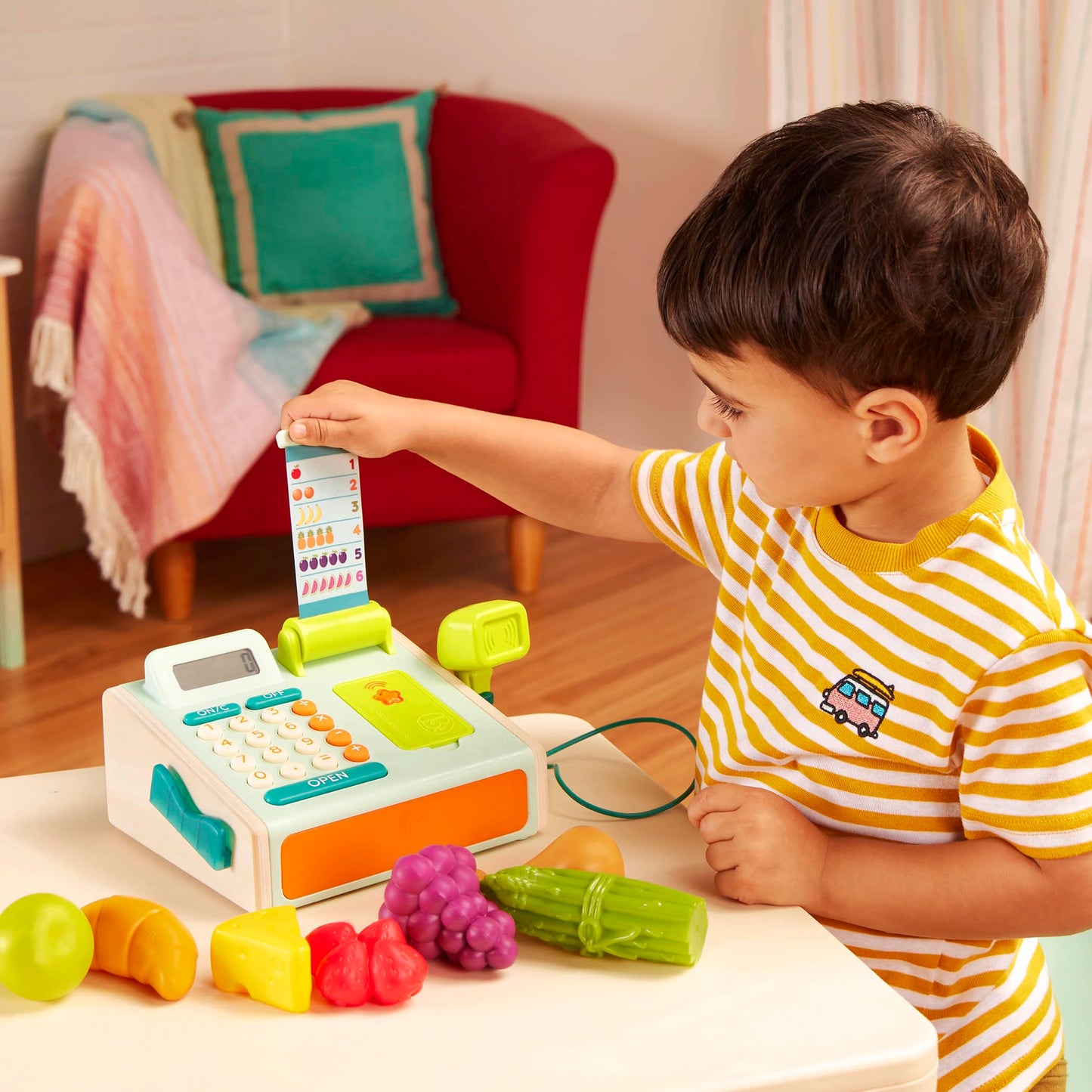 B. Toys – Cashier Playset – Pretend Play Cash Register – Play Money, Calculator, Scanner – Role – Play Cashier Set – Learning Toys for Kids – 3+ Years(30 Pieces)