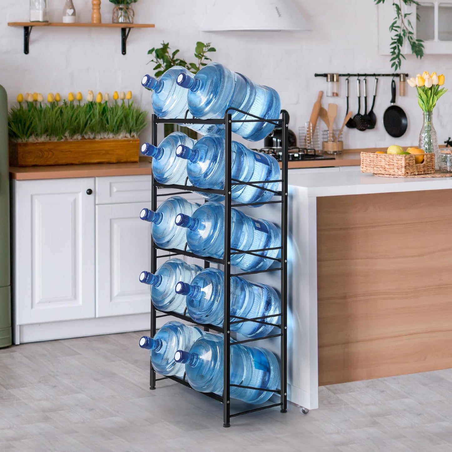 5 Gallon Water Bottle Holder Water Jug Holder 5 Tier Water Jug Rack for 10 Bottles Heavy Duty 5 Gallon Water Jug Stand Organizer Shelf for Home Kitchen Office, Space Save, Black