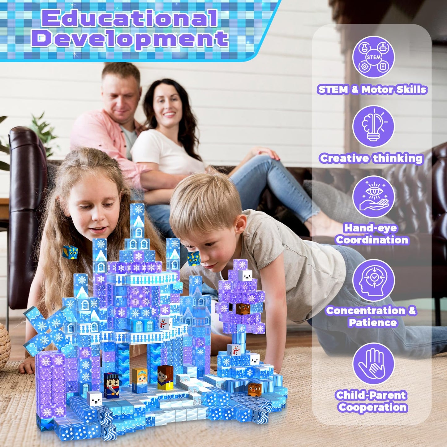 Magneverse Transparent Magnetic Blocks - 100 PCS Blue Castle Magnetic Building Cubes Toys for Toddler Christmas Birthday Gifts - Montessori Sensory Learning Toys for 3 4 9 10 Year Old Boys & Girls
