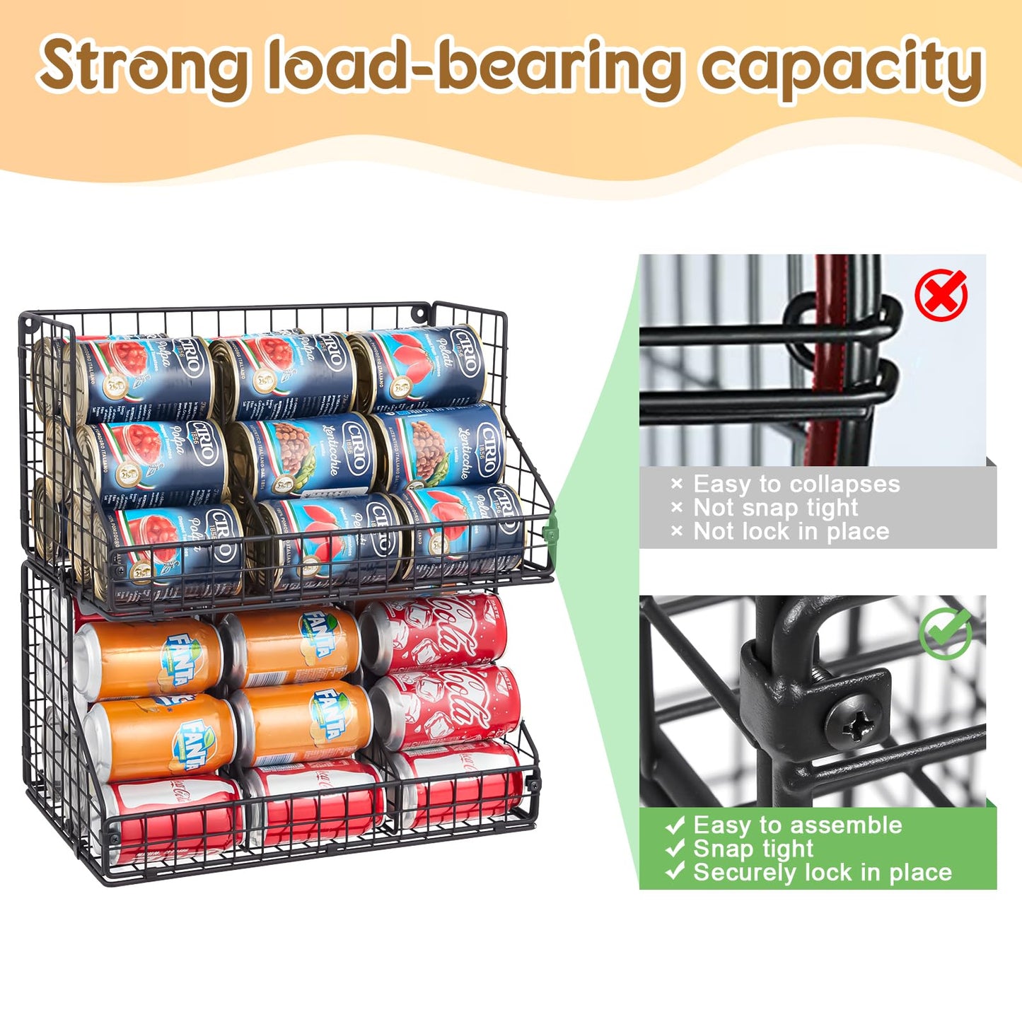 2 Pack Stackable Can Rack Organizer for Pantry Storage,Can Dispensers with 4 Adjustable Dividers, 2-Tier Metal Wire Basket Beverage Pop Soda Rack for Kitchen Cabinet Pantry, Black