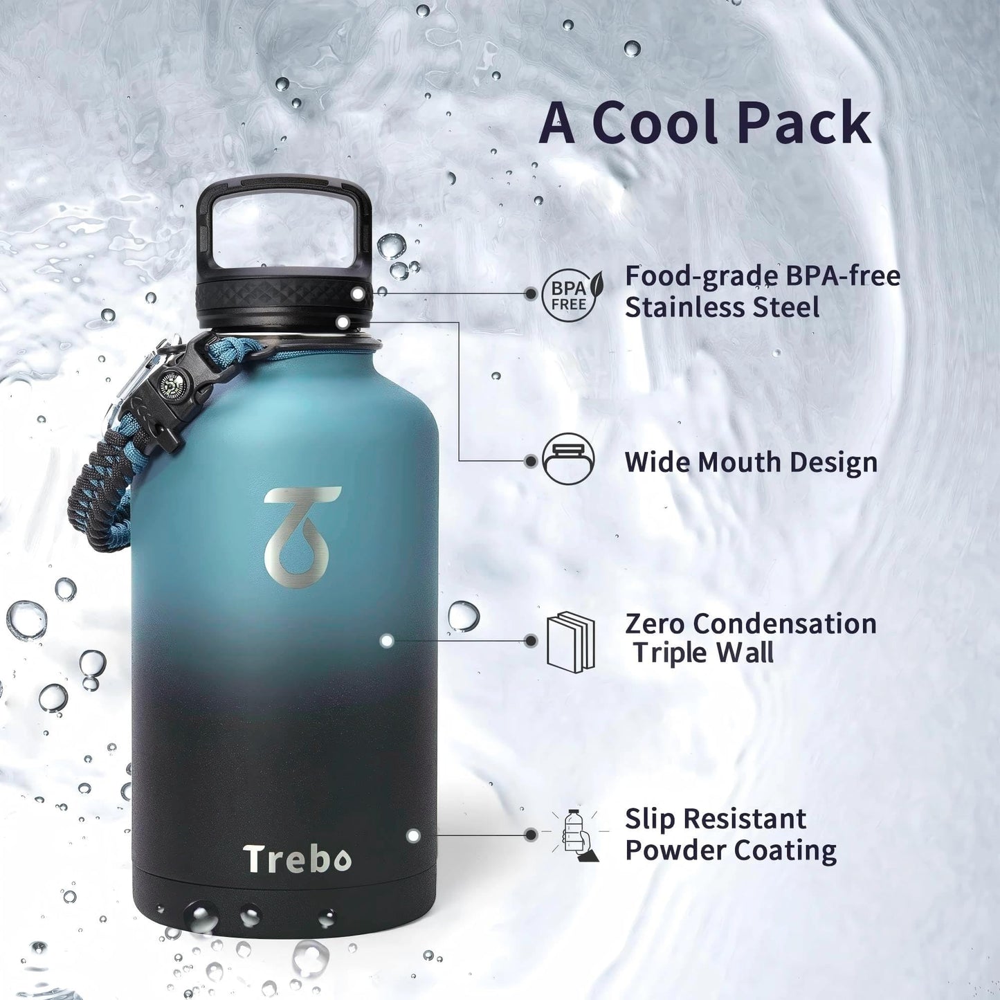 Water Bottle 64oz with Paracord Handle, Trebo Half Gallon Food-Grade Double Wall Vacuum Stainless Steel Insulated Jug with Straw Spout Handle Lids, Leakproof Keep Cold & Hot, Ombre: Indigo/Black