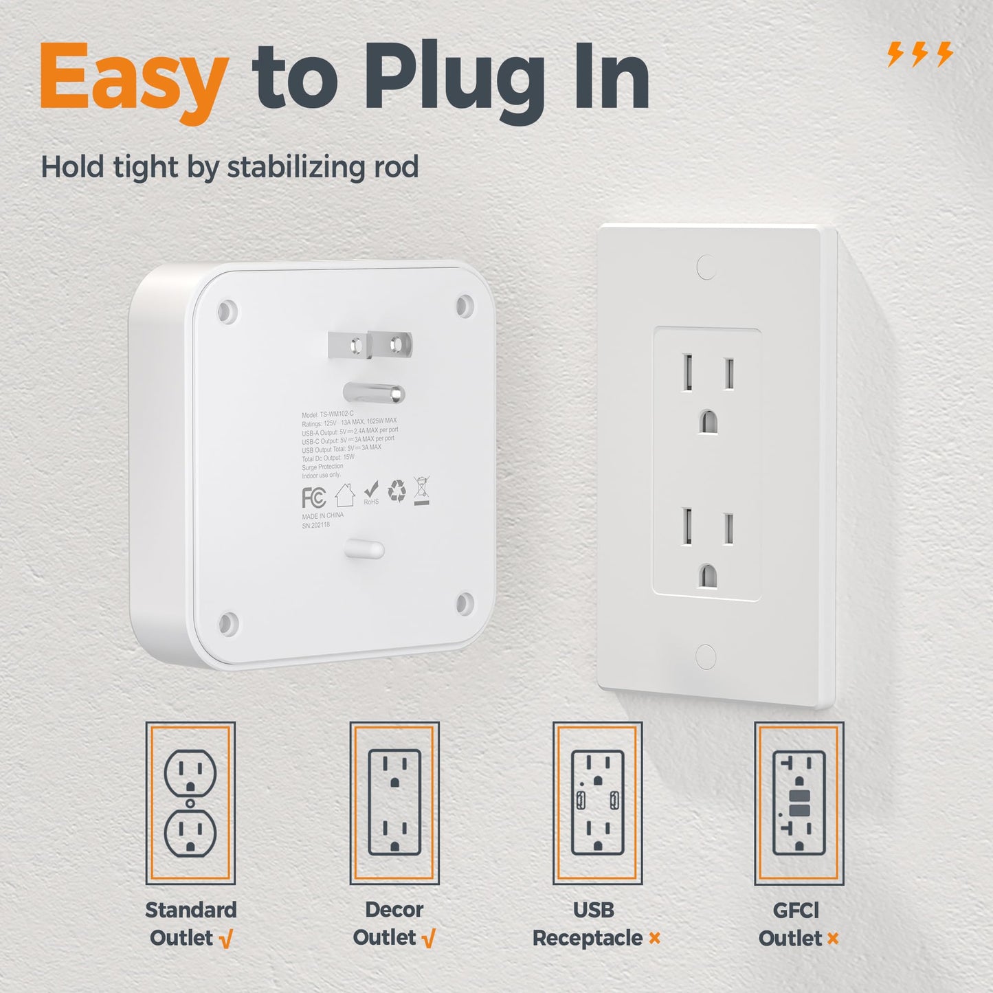 Wall Outlet Extender, TESSAN 4 Multi Plug Outlet Splitter with 1 USB C and 2 USB A Charging Ports, Multiple Plug Extension Block with Surge Protector for Home, Kitchen, Office, Dorm, White