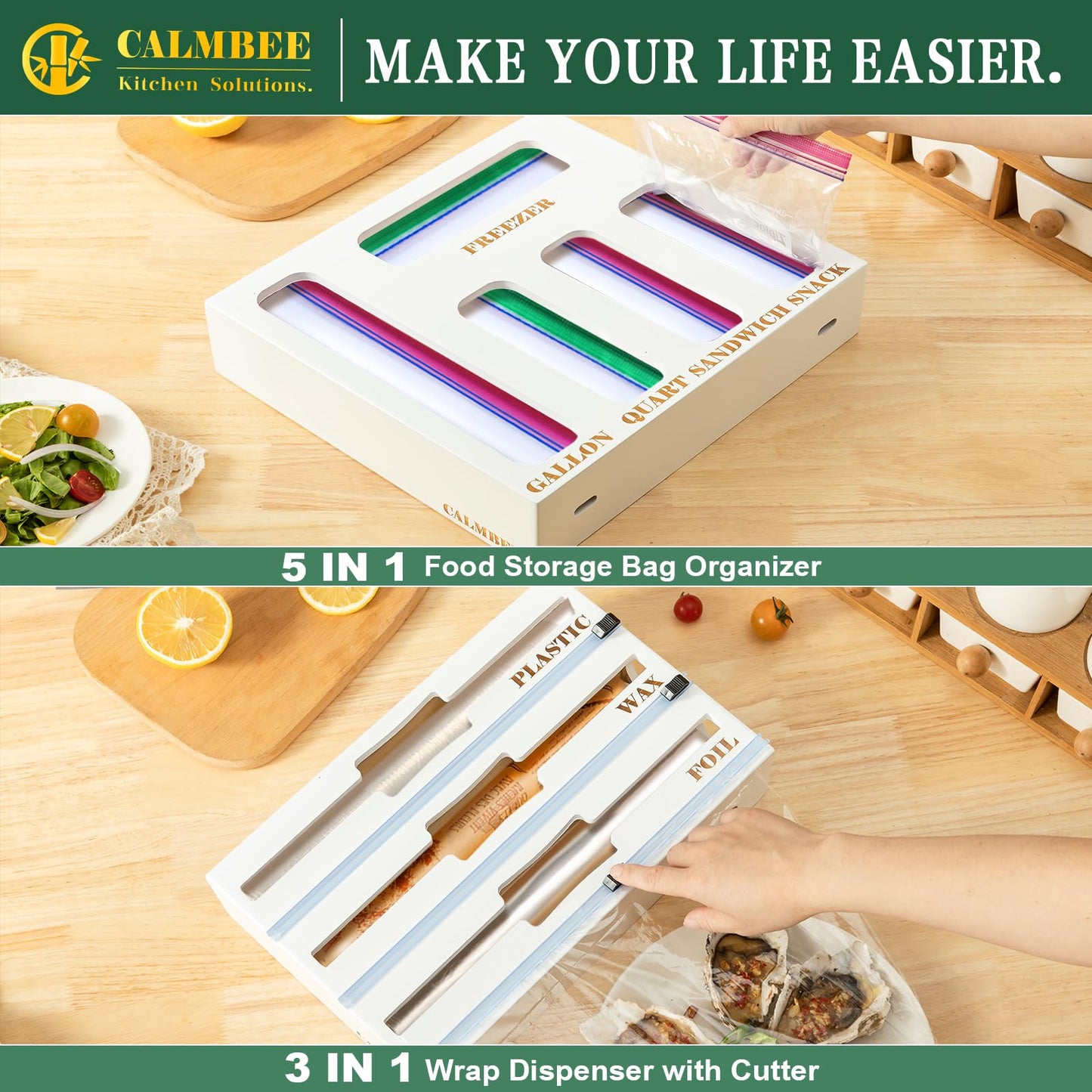 Calmbee 9 IN 1 Storage Bag Organizer for Kitchen Drawer, Bamboo Foil and Plastic Wrap with Cutter, Organizers Compatible Gallon, Quart, Sandwich Snack Size (White)