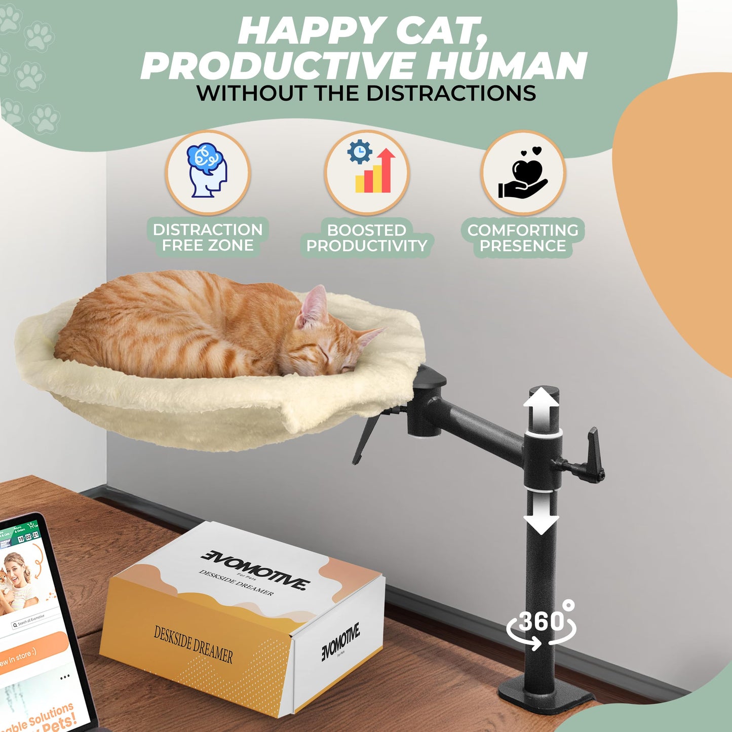 EVOMOTIVE Deskside Dreamer - Cat Desk Perch, [+ Catnip Fish Toy], Comes with [2 Washable Fabrics]: Mesh and Plush, 360° Rotating & Height Adjustable [Beige]. Max Weight 35LBS