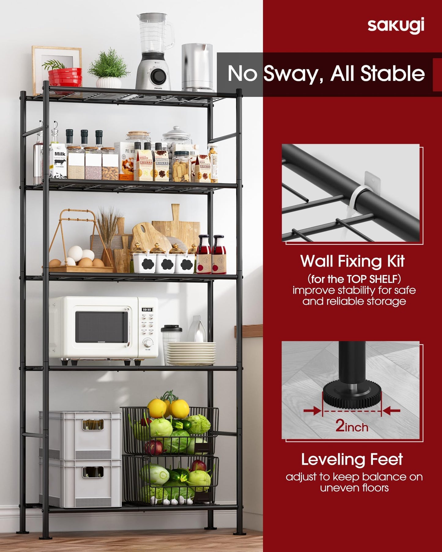 Sakugi 5 Tier Shelf - Heavy Duty Metal Storage Shelves with Adjustable Leveling Feet, Large Capacity Shelving Unit with Multiple Hooks for Kitchen, Pantry, Office (84 x 32 x 183 cm, Black)
