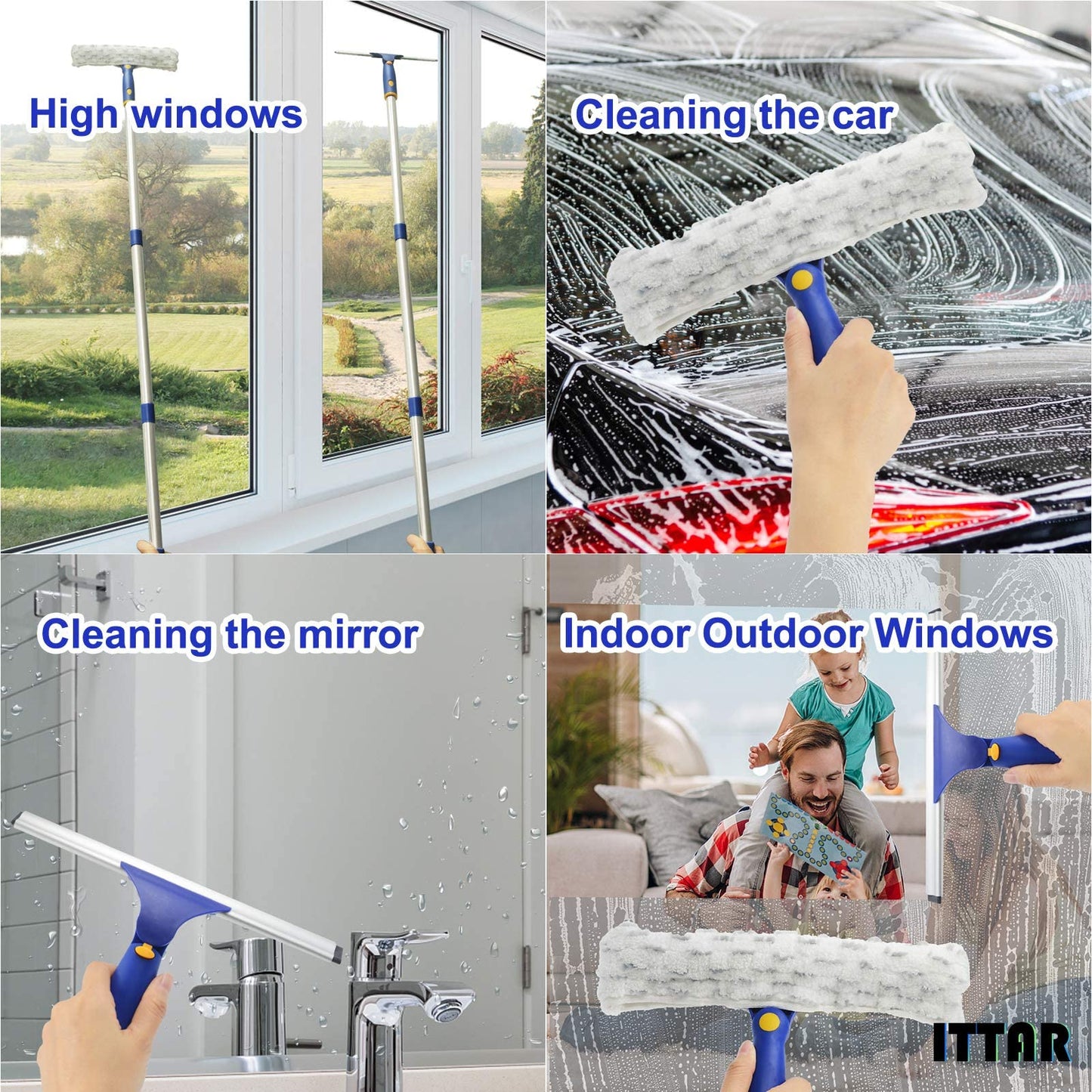 ITTAR Window Squeegee with 2 Sets Stainless Steel Pole, Squeegee Cleaning Tools with Microfiber Pads, 60"-72" Telescopic Window Washing Kit, Professional Squeegee Cleaner for Home Car Outside Glass
