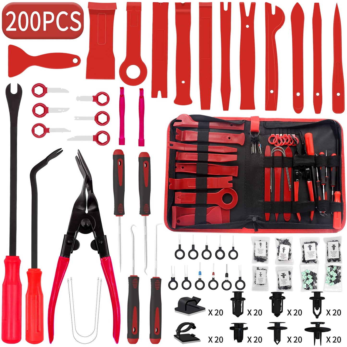 Wetado Trim Removal Tool, 200PCS Trim Tool Auto Removal Kit, Plastic Panel Fastener Removal Tool, Trim Removal Kit for Car/Trim/Panel/Door/Audio/Auto Clip Pliers/Terminal Removal Tool Kit (Red)