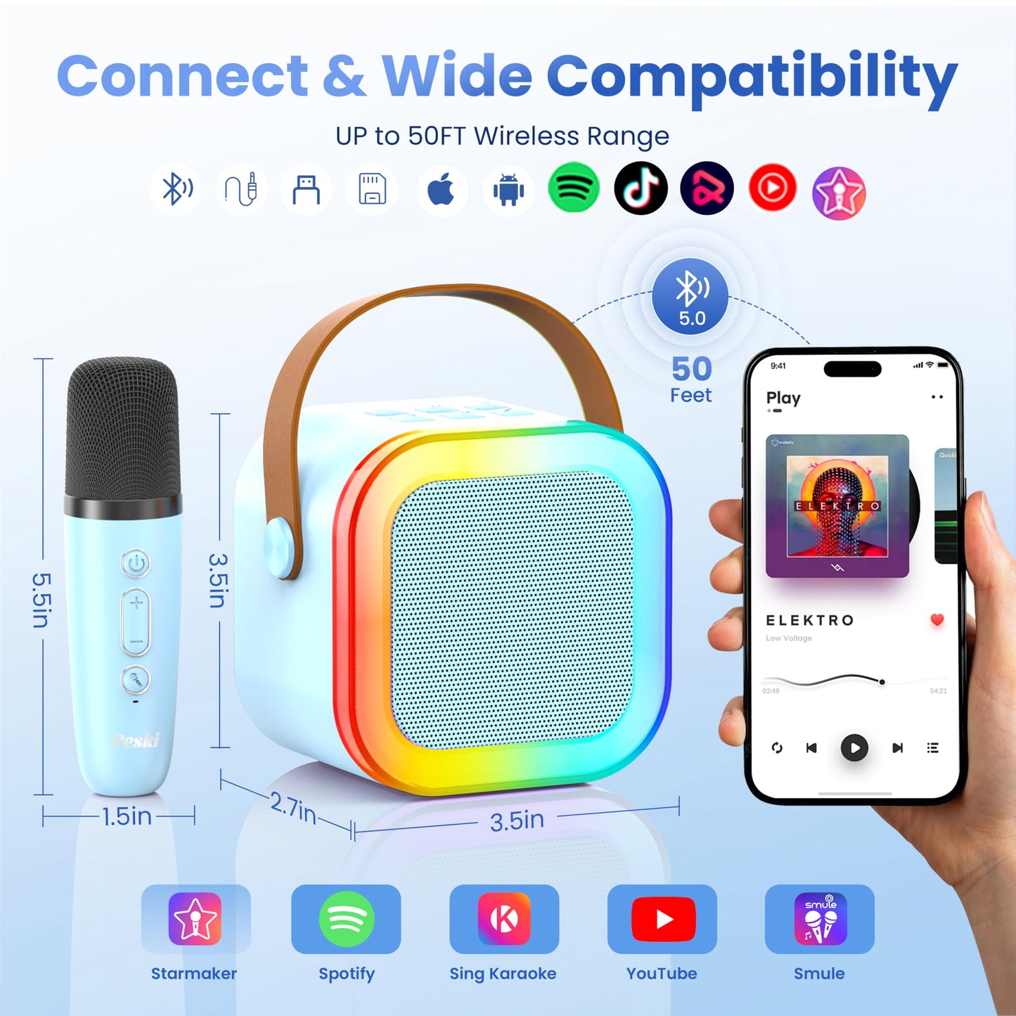 Karaoke Machine for Kids Adults, Portable Bluetooth Mini Karaoke Microphone Singing Speaker Karaoke Player with 2 Wireless Mic Toys for All Smartphones,Birthday, Family,Home Party (Light Blue)