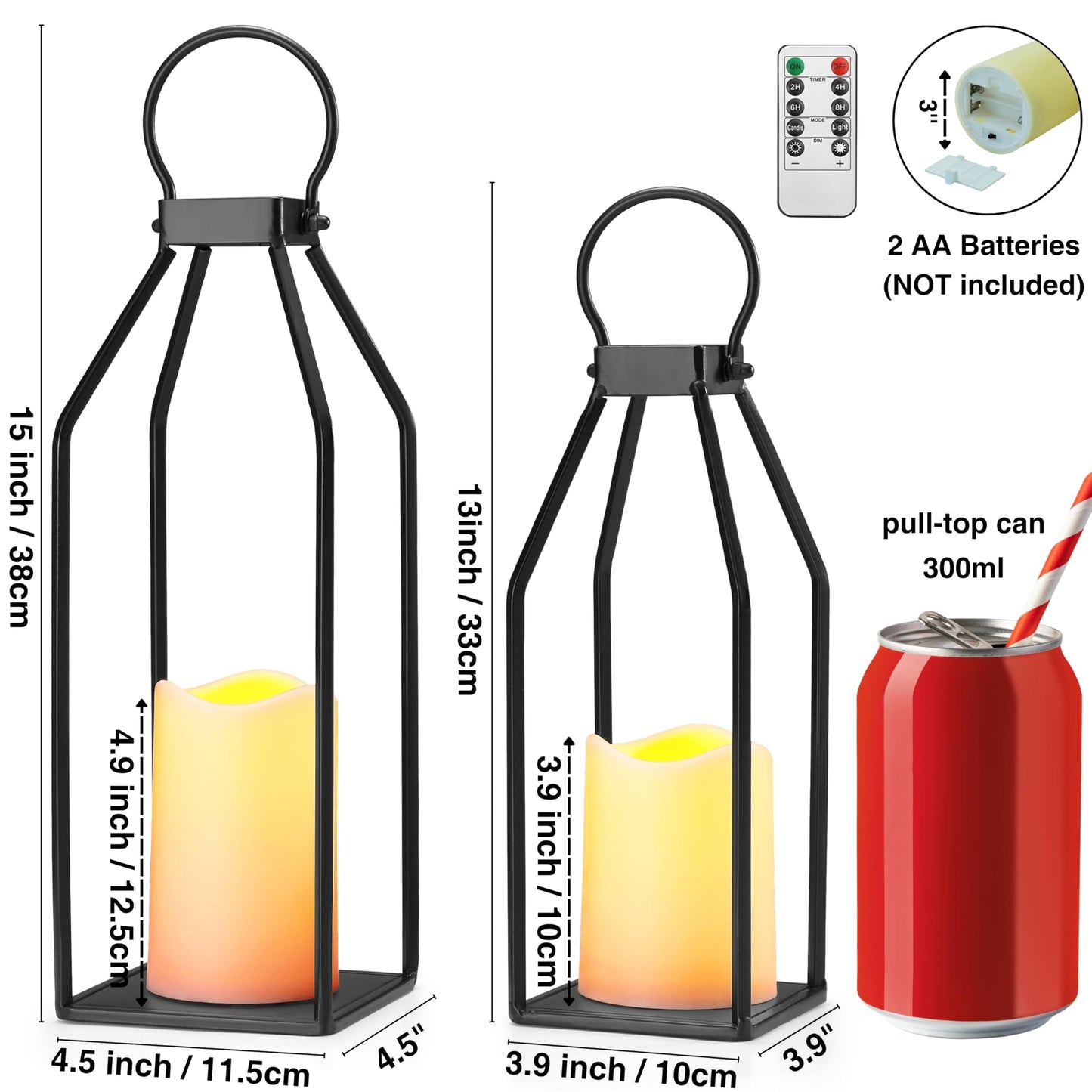 Perfnique Modern Farmhouse Lantern Decor, Set of 2 Black Metal Lanterns, 2 LED 6hr Timer Flickering Flameless Candles, Lanterns Decorative for Outdoor Decor, Home, Indoor, Patio (15inch & 13inch)