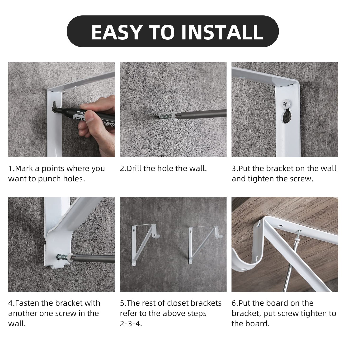 HOME MASTER HARDWARE Heavy Duty Shelf Rod Support Bracket Wall Mounted Shelf Supports Closet Brackets White with Screws 10-Pack