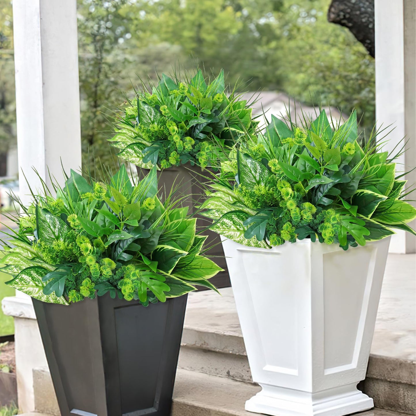 Dremisland 18 Bundles Artificial Plants Outdoor UV Resistant Faux Plants Artificial Boxwood Onion Plastic Greenery Stems Fake Shrubs for Porch Planter Window Box Patio Garden Home Decoration