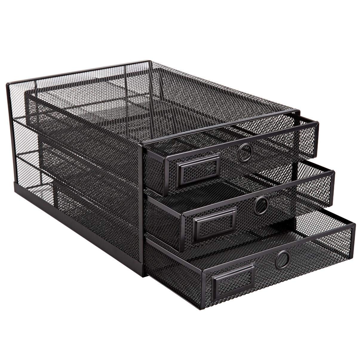 Annova Desk Organizer Wire Mesh 3 Tier Sliding Drawers Paper Sorter/Multifunctional/Premium Solid Construction for Letters, Documents, Mail, Files, Paper, Kids' Art Supplies … (black)