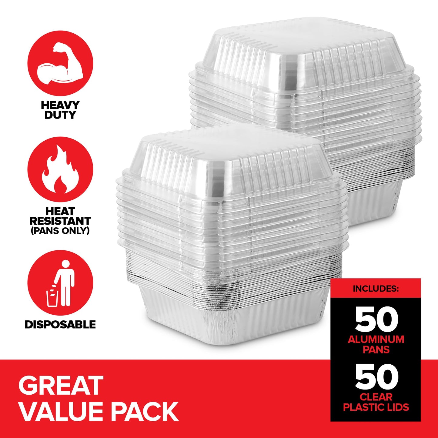 Stock Your Home (50 Pack) 8x8 Disposable Baking Pans with Lids, Heavy Duty Square Aluminum Cake Pan with Lid, Foil Trays with Clear Plastic Cover, Food Take Out Container for Baked Goods
